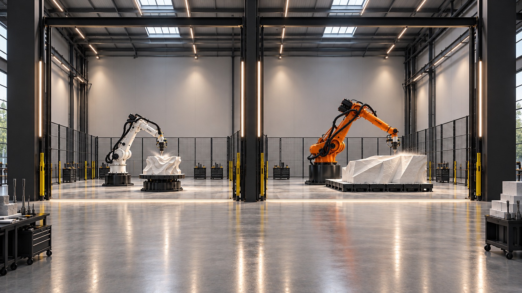 Illustration of two robotic fabrication cells in a large workshop