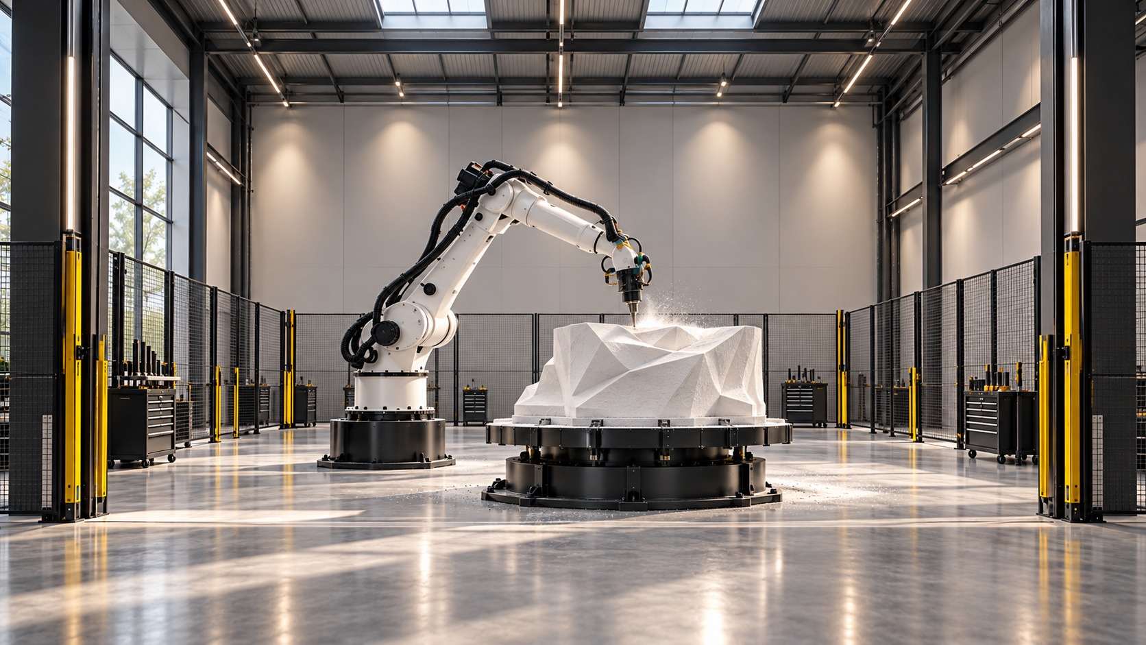 Illustration of robotic carving in a fabrication workshop