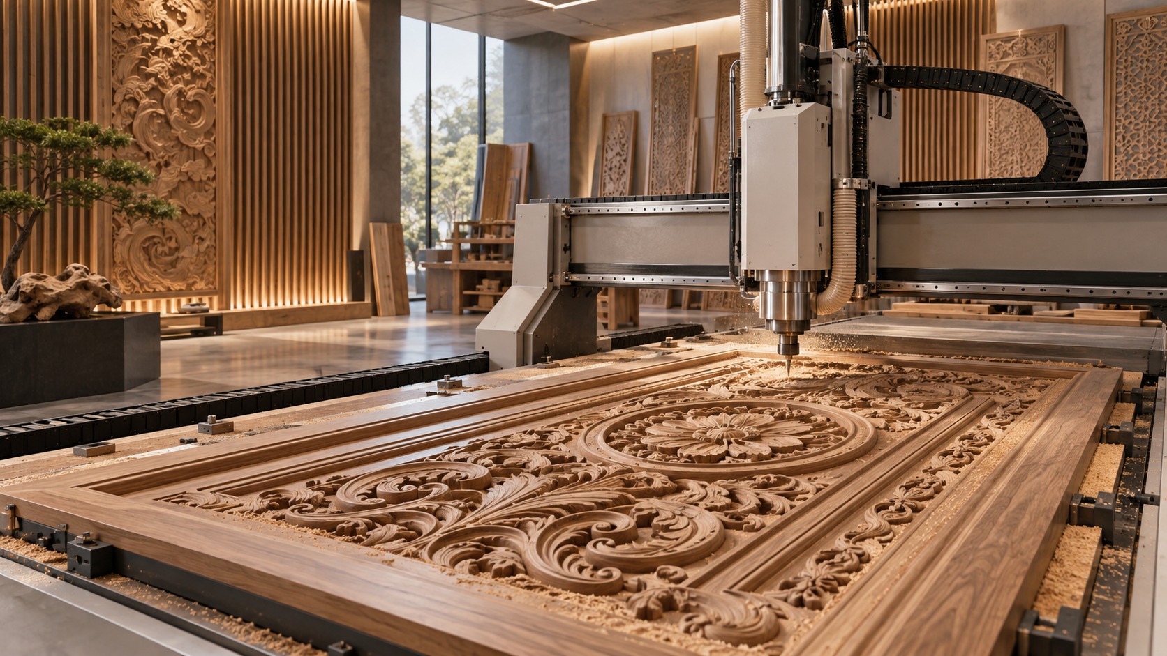 Illustration of CNC carving an ornamental wood panel